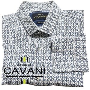 House of Cavani White/Blue Leaf Print Dress Shirt (XL/17.5)